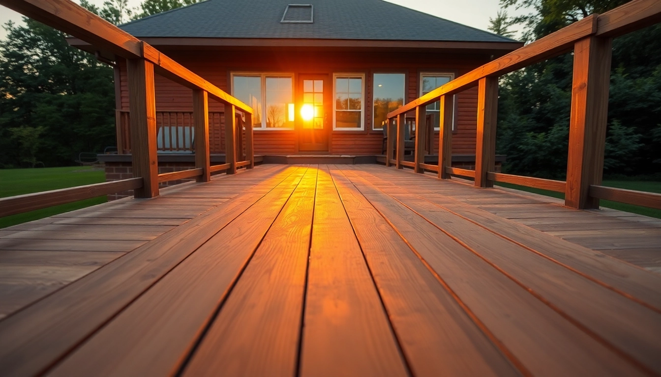 Engage in deck construction with a beautifully finished wooden deck at sunset, showcasing intricate details and warm lighting.