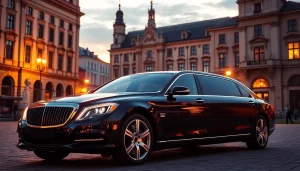 Luxury private car service Krakow with a chauffeured black vehicle near a historic site.