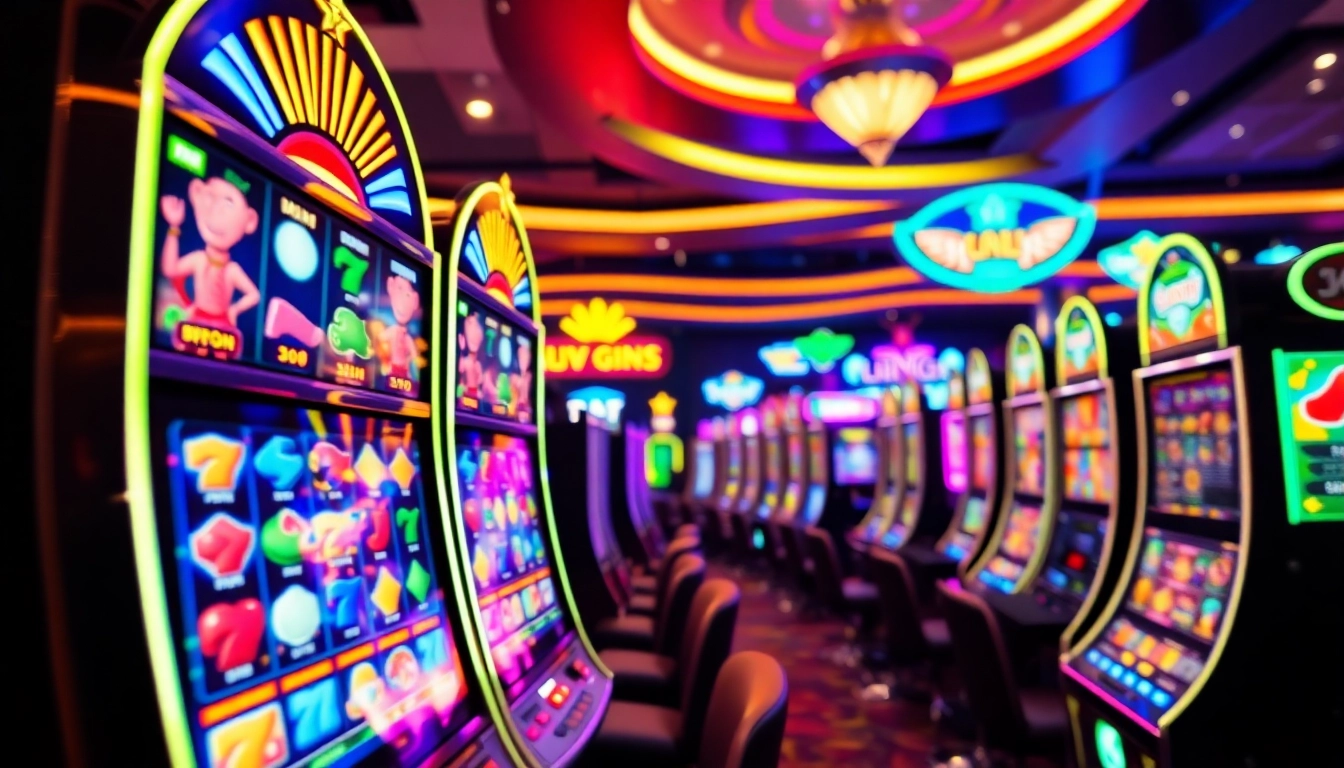 Play thrilling slot online games amidst colorful casino lights and symbols.