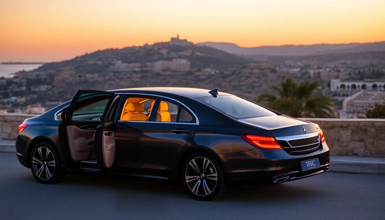 Experience the luxury hire chauffeur Malta with an elegant car set against a picturesque sunset.