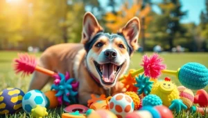 Dog happily engaging with a variety of pet toys in a bright outdoor setting.