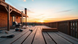 Showcasing deck construction with builders assembling wooden frames under a sunset, emphasizing craftsmanship.