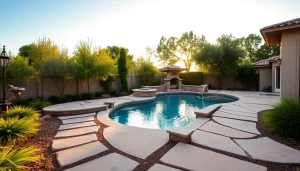 Enhance your oasis with stunning Hardscapes & Pools featuring elegant stone pathways and a shimmering pool.