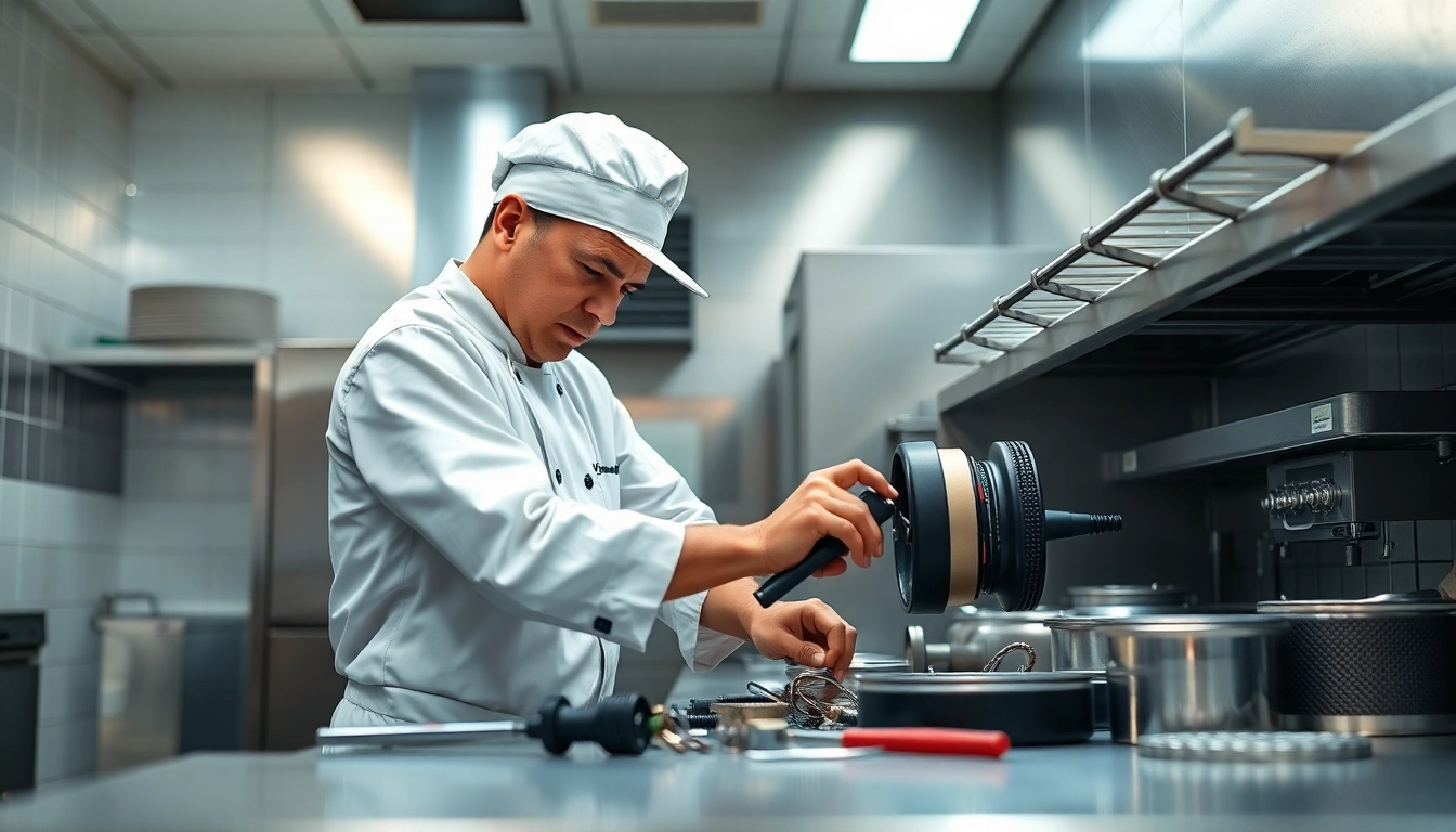 Technician effectively conducts chef base repair in a modern commercial kitchen.