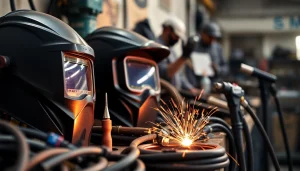 Explore welding supplies near me, including helmets, electrodes, and welding tools in a vibrant workshop.