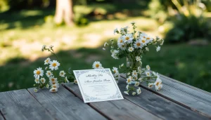 Stylish invitation placed elegantly on a wooden table with floral accents.