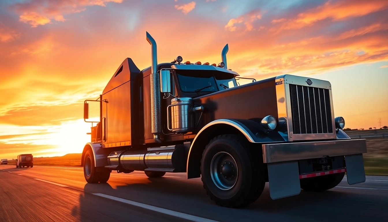 Highlighting battery replacement for heavy trucks on the road, a sturdy truck dominates the scene at sunset, reflecting reliability.