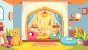 Learn more information about a vibrant pet house showcasing cozy interiors and fun accessories for pets.