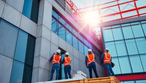 Workers performing facade installation on a modern building, showcasing teamwork and precision.