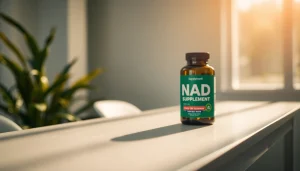 Enhance vitality with NAD Supplement bottle resting on a sleek table in soft natural light.