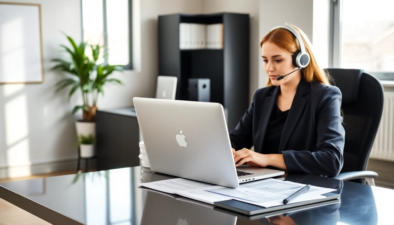 Real estate virtual assistant lead generation with a productivity-focused workspace setup, including technology and paperwork.