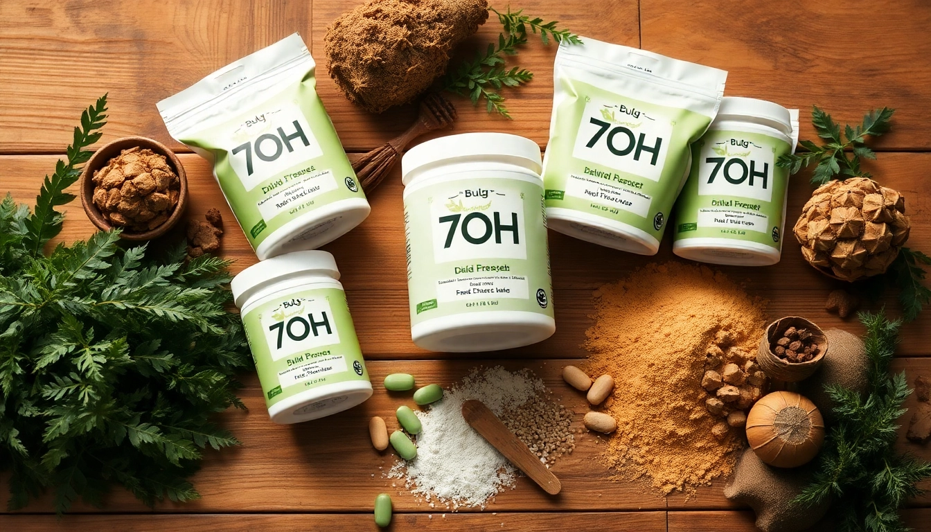 Purchase bulk 7oh products, showcasing tablets and powders with an organic aesthetic.