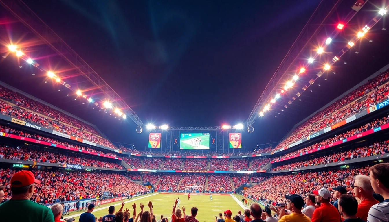 Enjoy ดูบอลฟรี with a vibrant atmosphere showcasing cheering fans and colorful stadium lights.