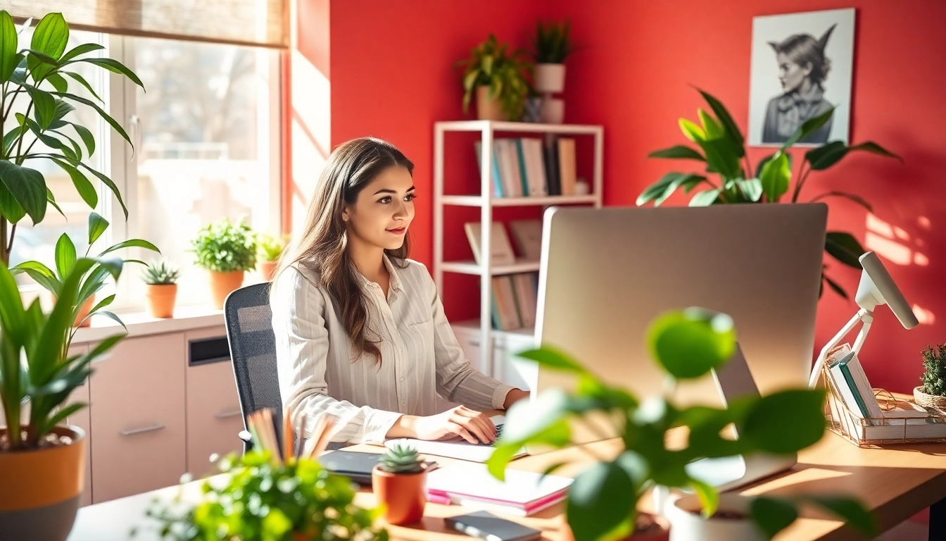 Virtual assistants managing tasks in a lively office setting with modern technology.