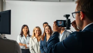 Group of professionals posing for company headshots, showcasing diversity and professionalism in a studio environment.