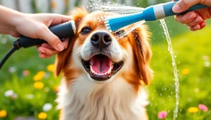 A joyful dog enjoys dog grooming with a shower gun, highlighting its shiny fur and playful nature.