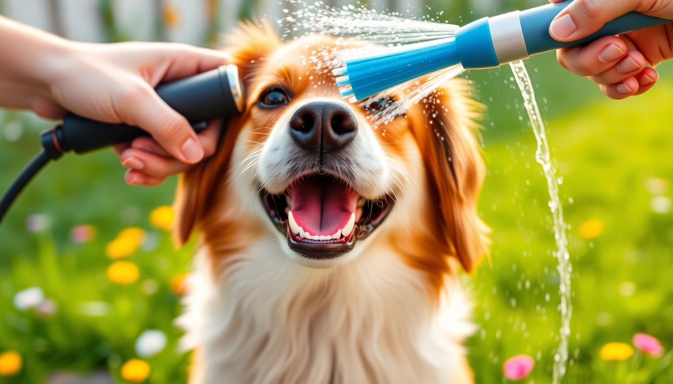 A joyful dog enjoys dog grooming with a shower gun, highlighting its shiny fur and playful nature.