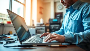 Riparazione computer torino da un tecnico esperto che lavora su un laptop in un ambiente moderno.