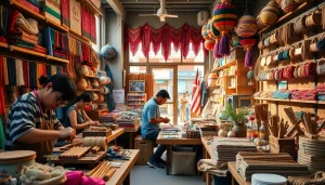 Shop at custom shops featuring artisans crafting unique products in a vibrant urban marketplace.