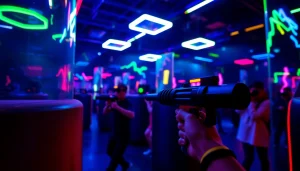 Players battling it out in a thrilling laser tag game amidst vibrant neon lights.