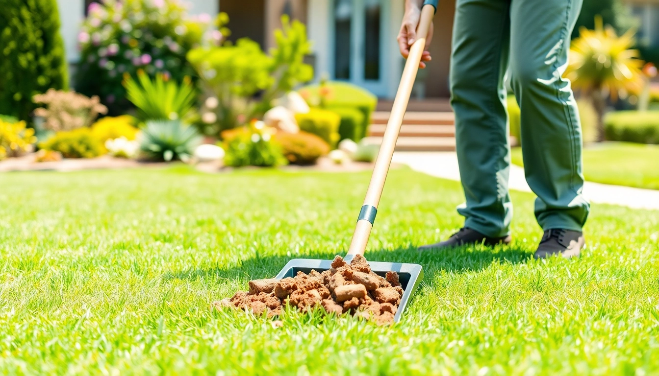Professional dog poop cleaning service technician scooping waste from a clean lawn.