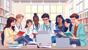 Medizinstudium ohne NC: Studierende lernen gemeinsam in einer modernen Bibliothek.