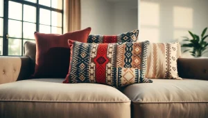 Mali Mudcloth Cushion Covers featuring vibrant patterns add warmth and style to a minimalist living room.