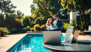 Explore swimming pool financing options with a couple reviewing materials in a sunny backyard setting.