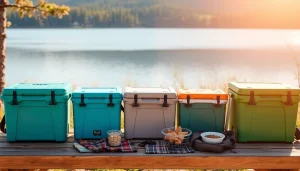 Explore yeti cooler alternatives showcased on a picnic table by a serene lake.